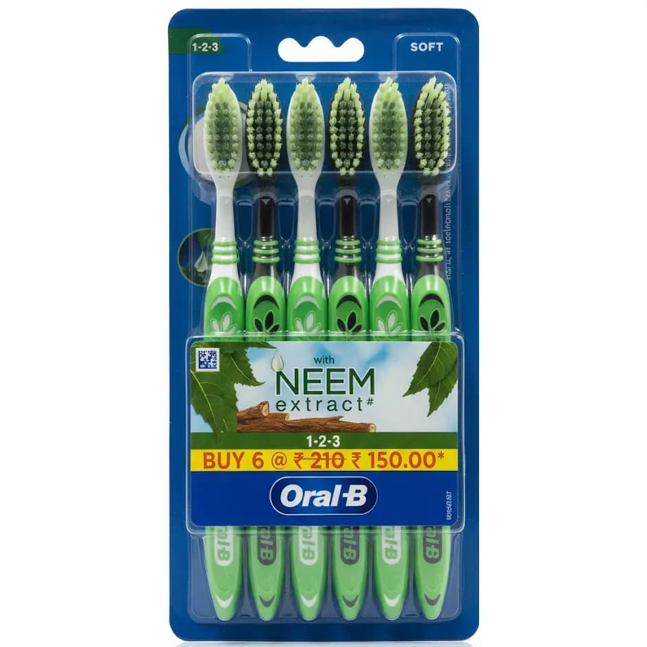 مسواک اورال بی مدل 1.2.3 با عصاره نِیم بسته ۶ عددی با برس نرم (Soft) Oral B Toothbrush With Neem Extract — تصویر ۲