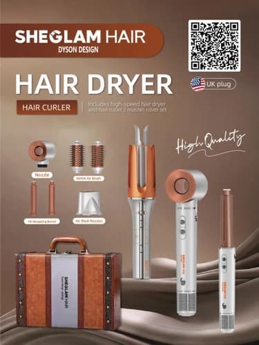 پک سشوار چندکاره شیگلم با 6 سری مشابهه دایسون 2000 وات بهمراه کرلی شیگلم مدل Dyson Design با موتور BLDC داخل چمدان چرم — تصویر ۴
