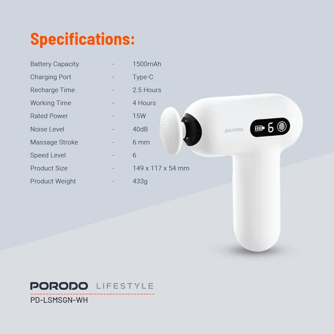 ماساژور تفنگی پرودو مدل Porodo Lifestyle Active Precision Massager PD-LSMSGN-WH — تصویر ۵