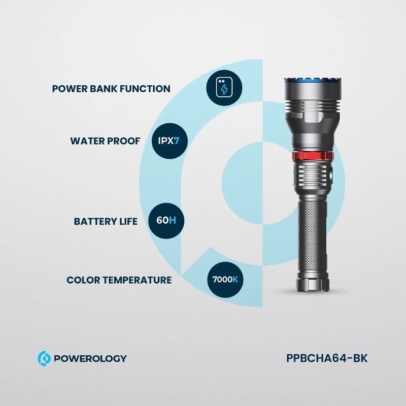 چراغ قوه پاورولوژی Powerology 4000mAh Waterproof LED Flashlight PPBCHA64-BK — تصویر ۴
