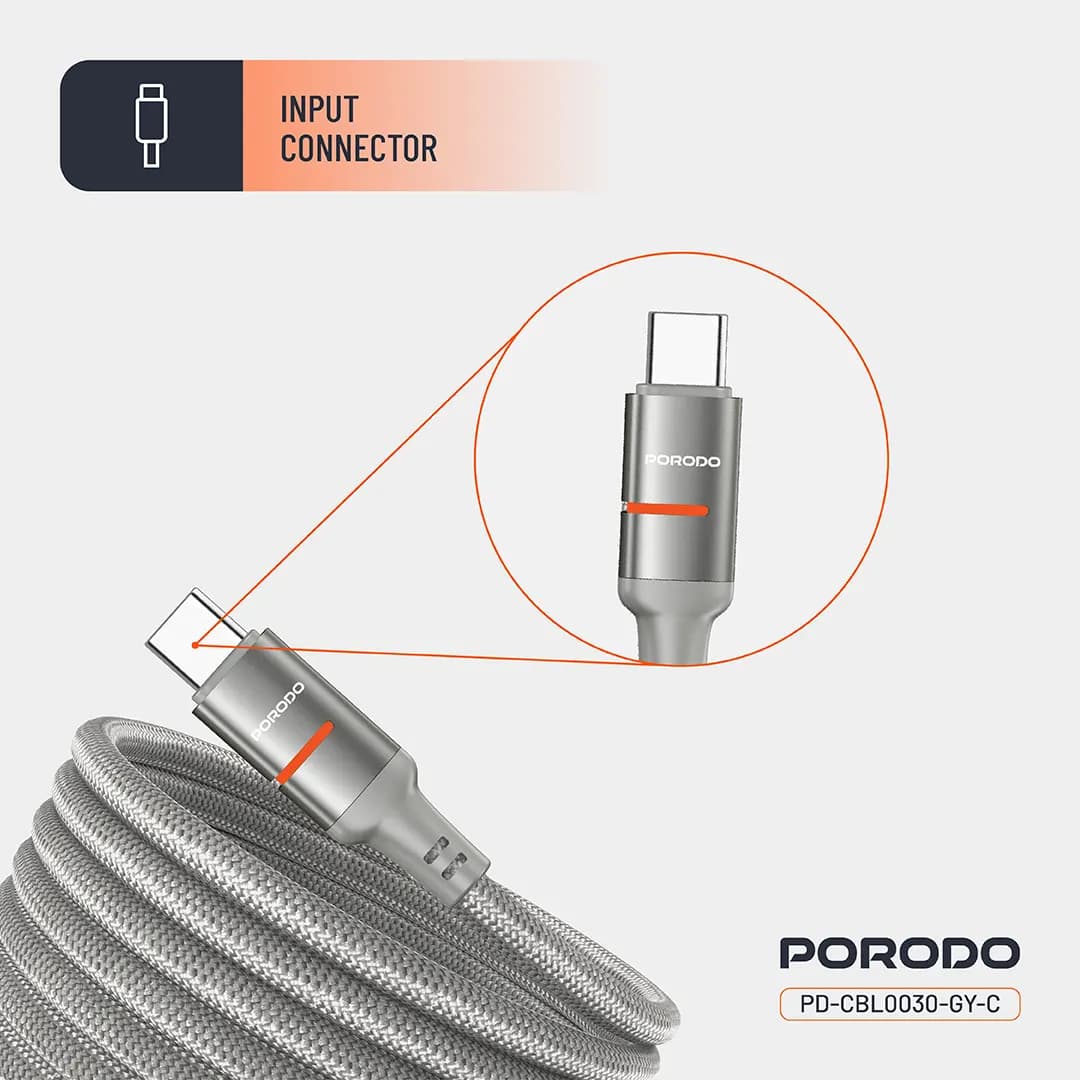 کابل مگنتی تایپ سی به تایپ سی 60 وات پرودو Porodo PD-CBL0030 60W Type-C to Type-C Magnetic Braided Cable — تصویر ۶