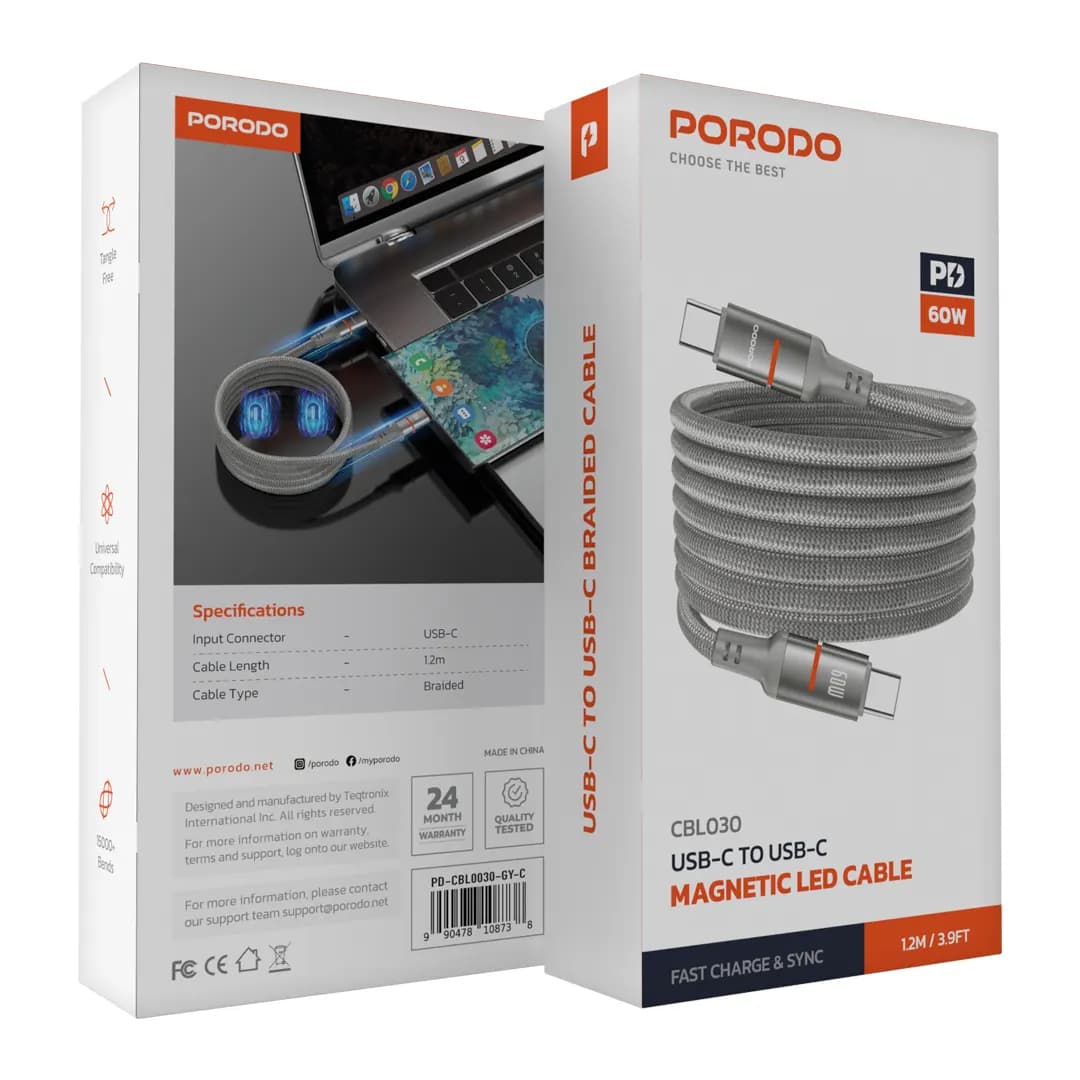 کابل مگنتی تایپ سی به تایپ سی 60 وات پرودو Porodo PD-CBL0030 60W Type-C to Type-C Magnetic Braided Cable — تصویر ۷