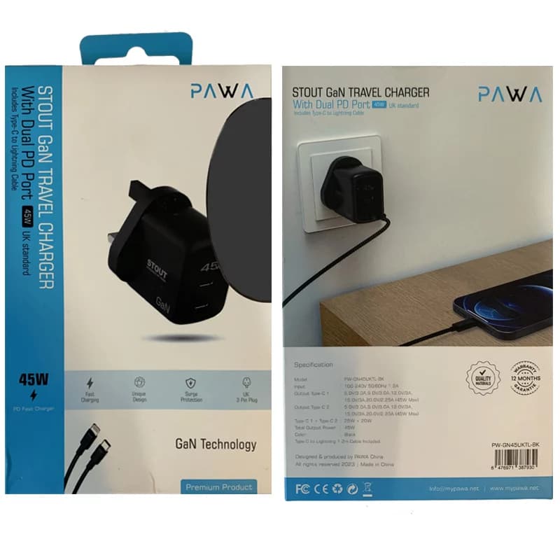 شارژر دیواری 45 وات پاوا مدل Stout Gan Travel Charge به همراه کابل USB-C به لایتنینگ — تصویر ۵