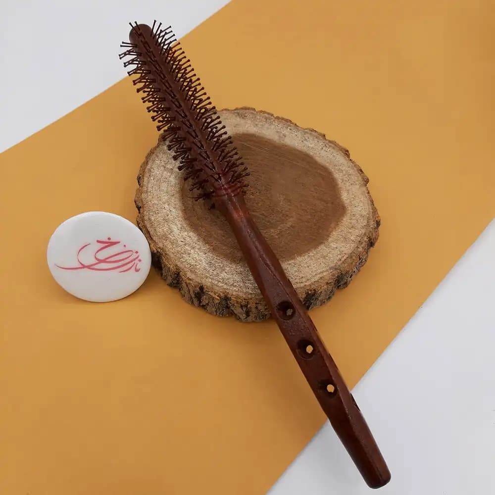 برس گرد دسته چوبی حالت دهنده مو 3 سوراخ قهوه ای تیره — تصویر ۲