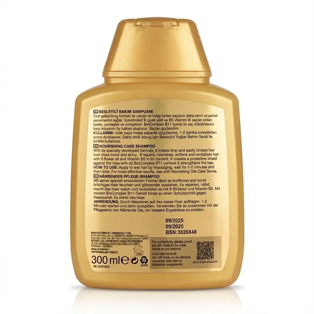 شامپو بیوکسین Bioxcin طلایی مدل Nourishing Oils بدون سولفات و ضد ریزش قوی حجم 300 میلی لیتری — تصویر ۳