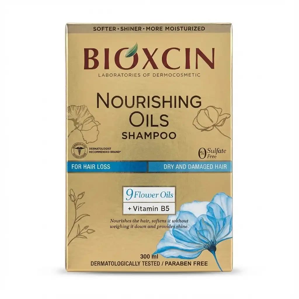 شامپو بیوکسین Bioxcin طلایی مدل Nourishing Oils بدون سولفات و ضد ریزش قوی حجم 300 میلی لیتری — تصویر ۹