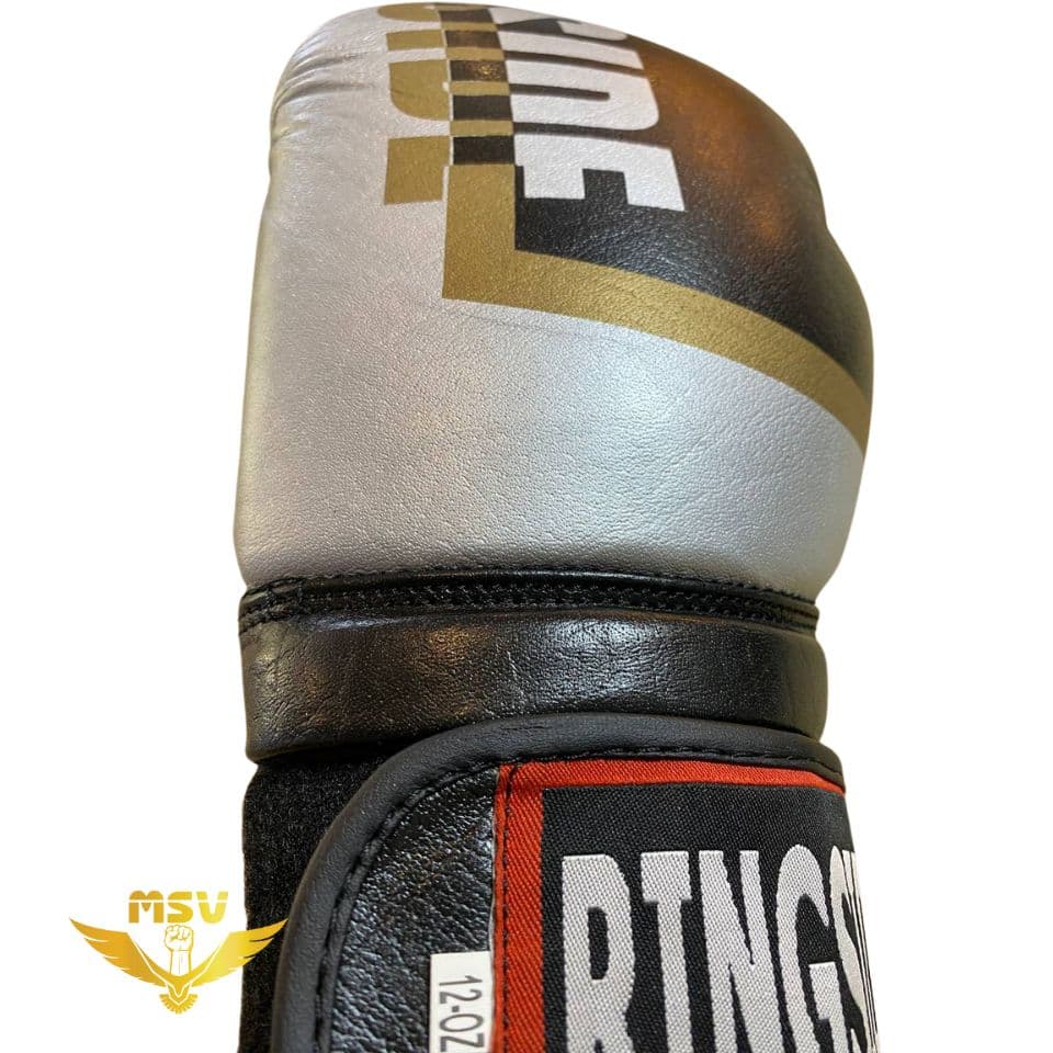 دستکش بوکس رینگ ساید | Ring Side چرم آتل دار مشکی نقرهای — تصویر ۴