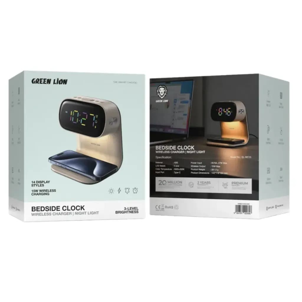 ساعت رو میزی گرین لاین Green Lion Bedside Clock with Wireless Charger — تصویر ۹