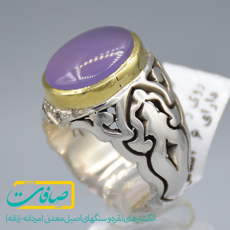 انگشتر عقیق کبود یمنی با 6 عدد الماس مردانه «کد 3750»