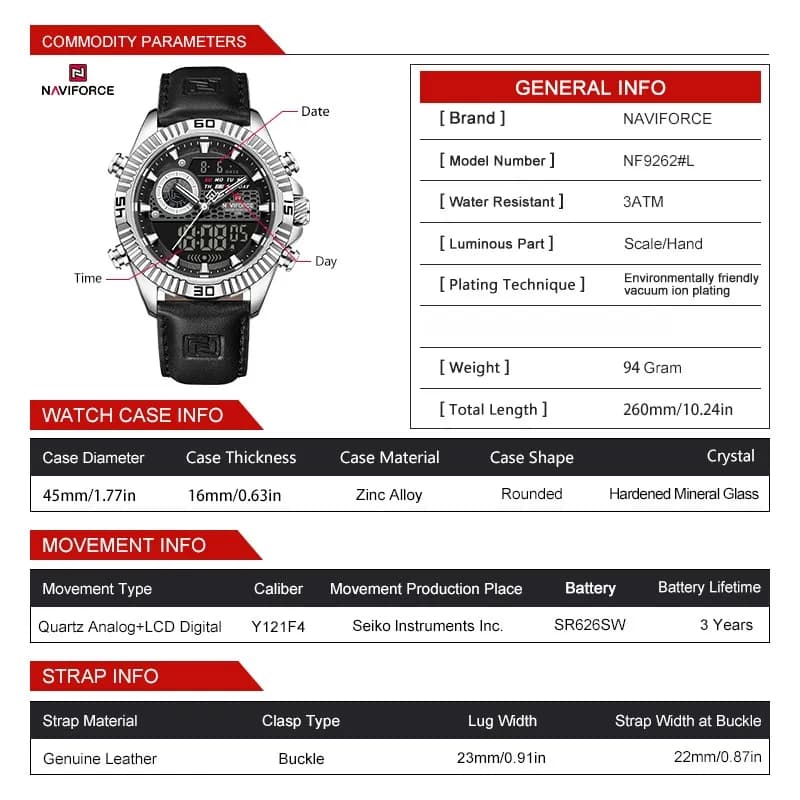 ساعت مردانه اورجینال مارک نیوی فورس NAVIFORCE مدل NF9262 دو زمانه بند چرمی موتور ژاپن کد 1925112 — تصویر ۸