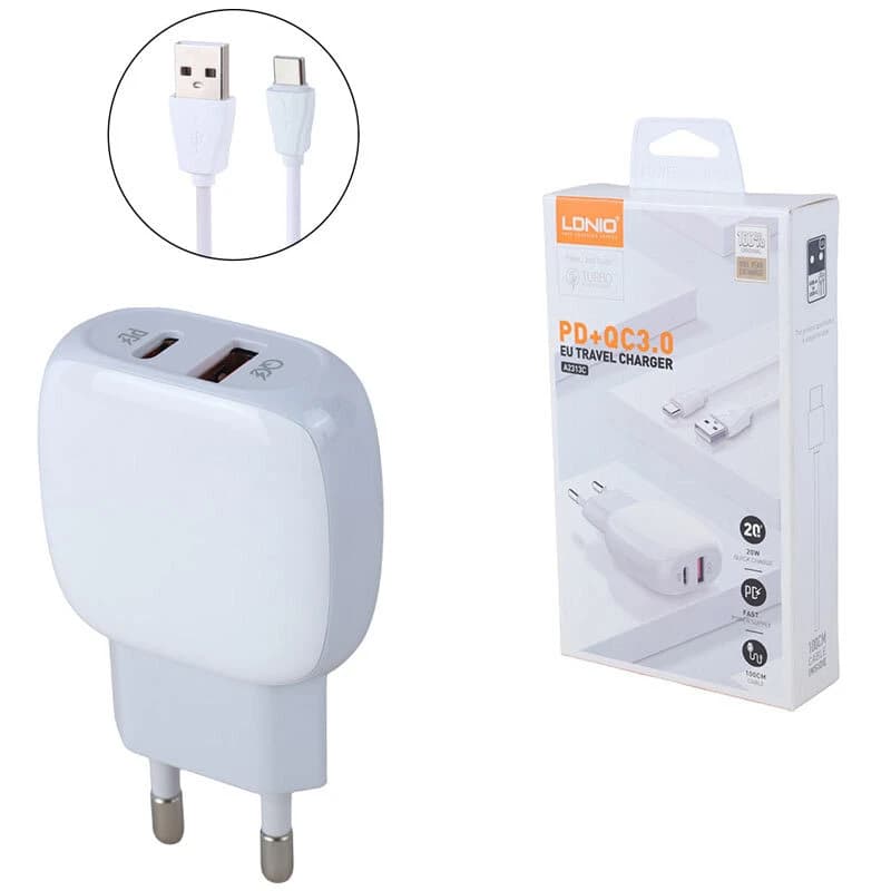 شارژر دیواری 20 وات الدینیو A2313C QC3.0 PD + کابل تایپ سی — تصویر ۱۰
