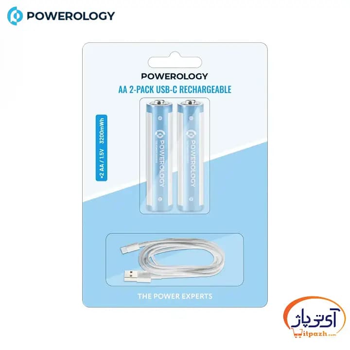 باطری قلمی شارژی 2عددی AA پاورولوژی 3200mWh درگاه شارژ Type-C