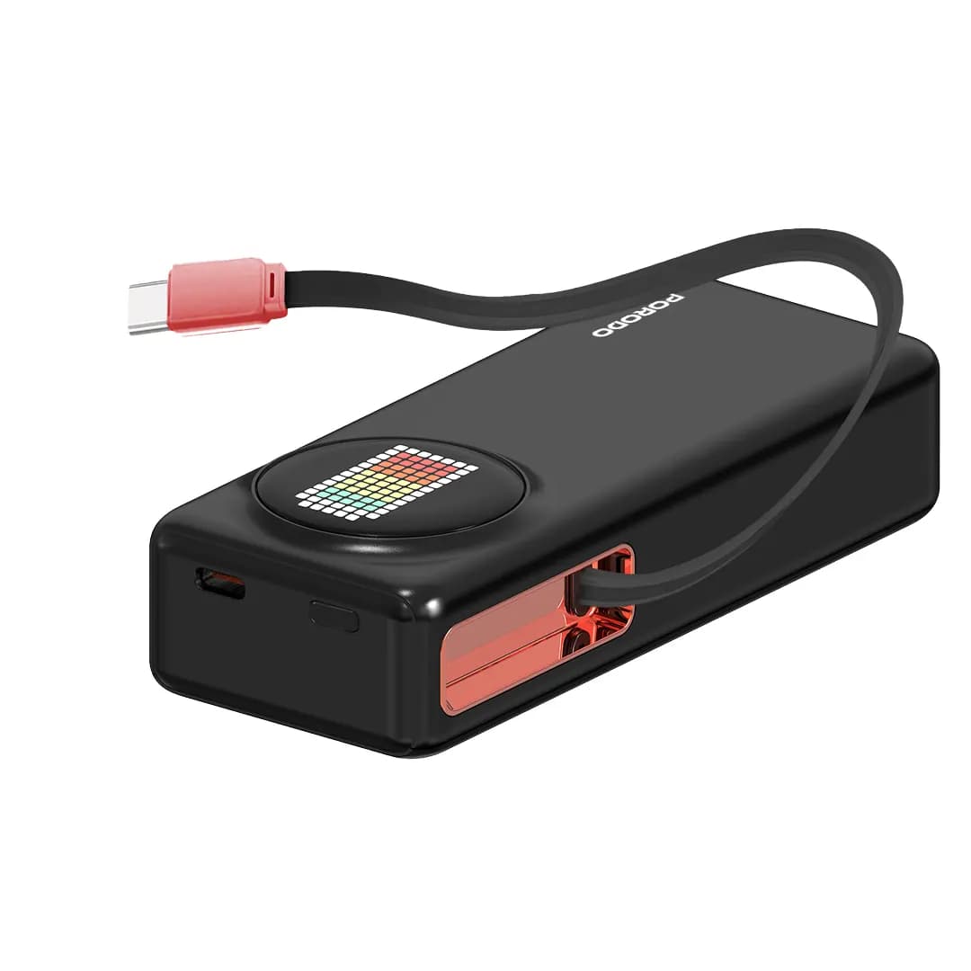 پاوربانک ۱۰ هزار پرودو ۴۵ وات دارای کابل جمعشونده و نمایشگر انیمیشنی مدل Porodo 10000mAh Animated Display Power Bank PD 45W 68cm Retractable Type-C – Black — تصویر ۷