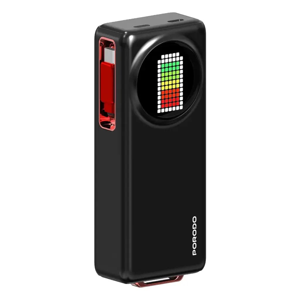 پاوربانک ۱۰ هزار پرودو ۴۵ وات دارای کابل جمعشونده و نمایشگر انیمیشنی مدل Porodo 10000mAh Animated Display Power Bank PD 45W 68cm Retractable Type-C – Black — تصویر ۲