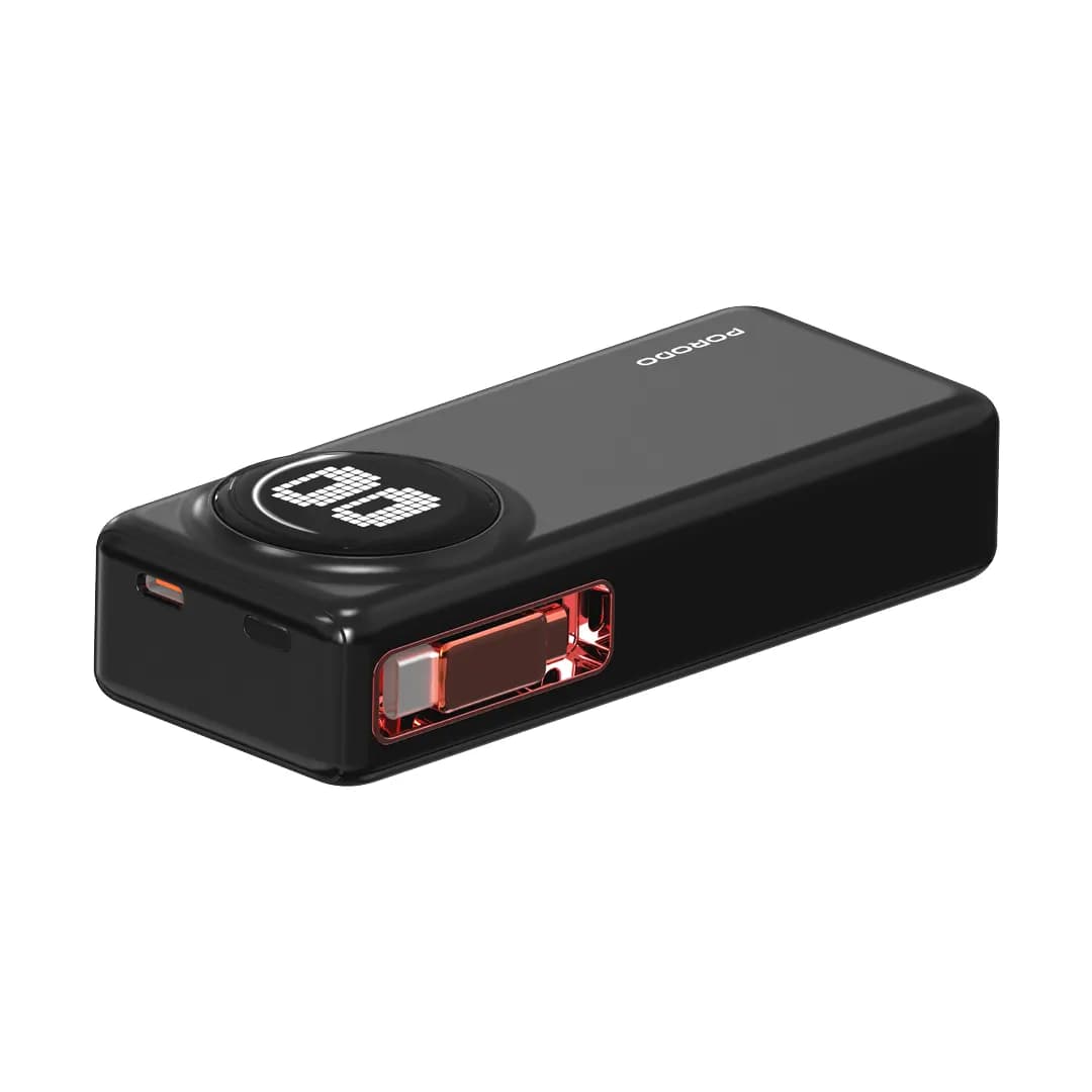 پاوربانک ۱۰ هزار پرودو ۴۵ وات دارای کابل جمعشونده و نمایشگر انیمیشنی مدل Porodo 10000mAh Animated Display Power Bank PD 45W 68cm Retractable Type-C – Black — تصویر ۹
