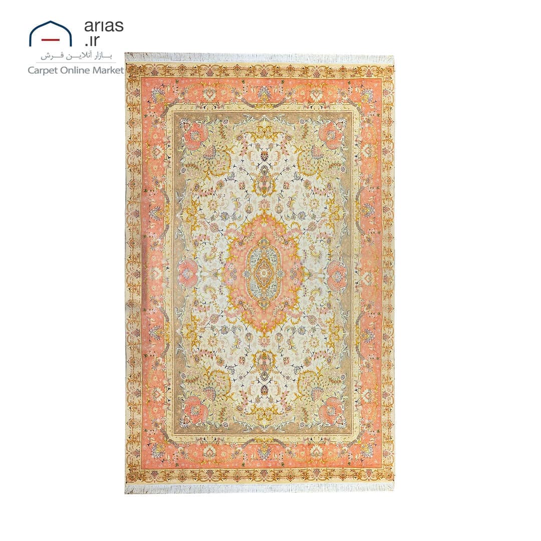 فرش دستباف نه متری نقشه بنام زمینه کرم گل ابریشم بافت تبریز کد D02551T