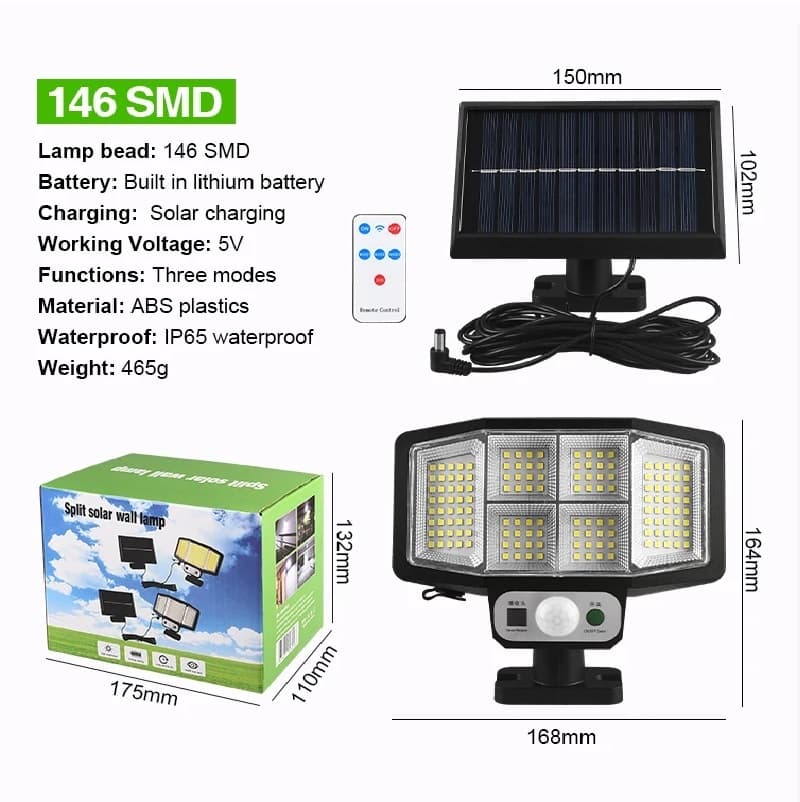چراغ خورشیدی دیواری با پنل جدا مدل 146SMD — تصویر ۳