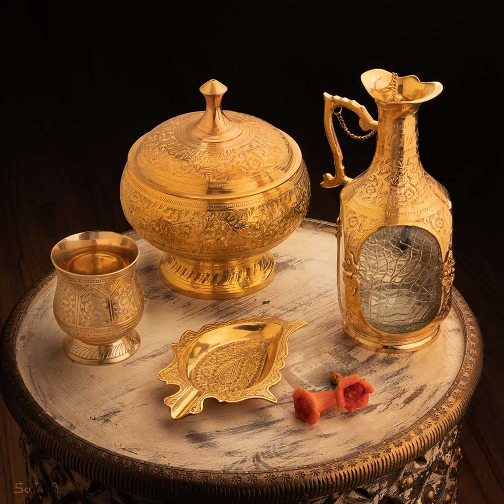 ست پذیرایی برنجی قلمزنی طلایی کد 455