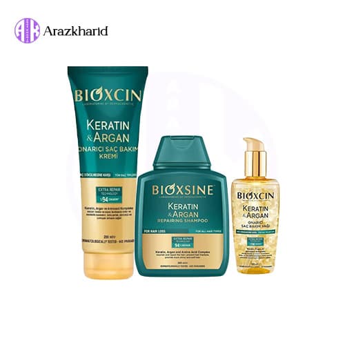 پک ترمیم کننده مو بیوکسین BIOXCIN حاوی کراتین و آرگان (ماسک مو 250 میل+شامپو 300 میل+روغن مو 150 میل)