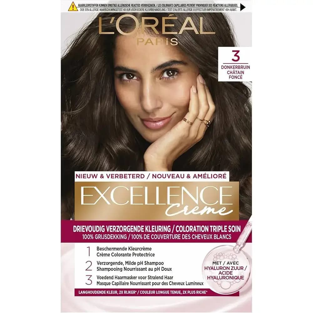 رنگ مو لورآل اکسلنس کرم شماره ۳ قهوه ای تیره طبیعی حاوی هیالورونیک اسید L’Oreal Paris Excellence Creme 3 Natural Darkest Brown Permanent Hair Dye