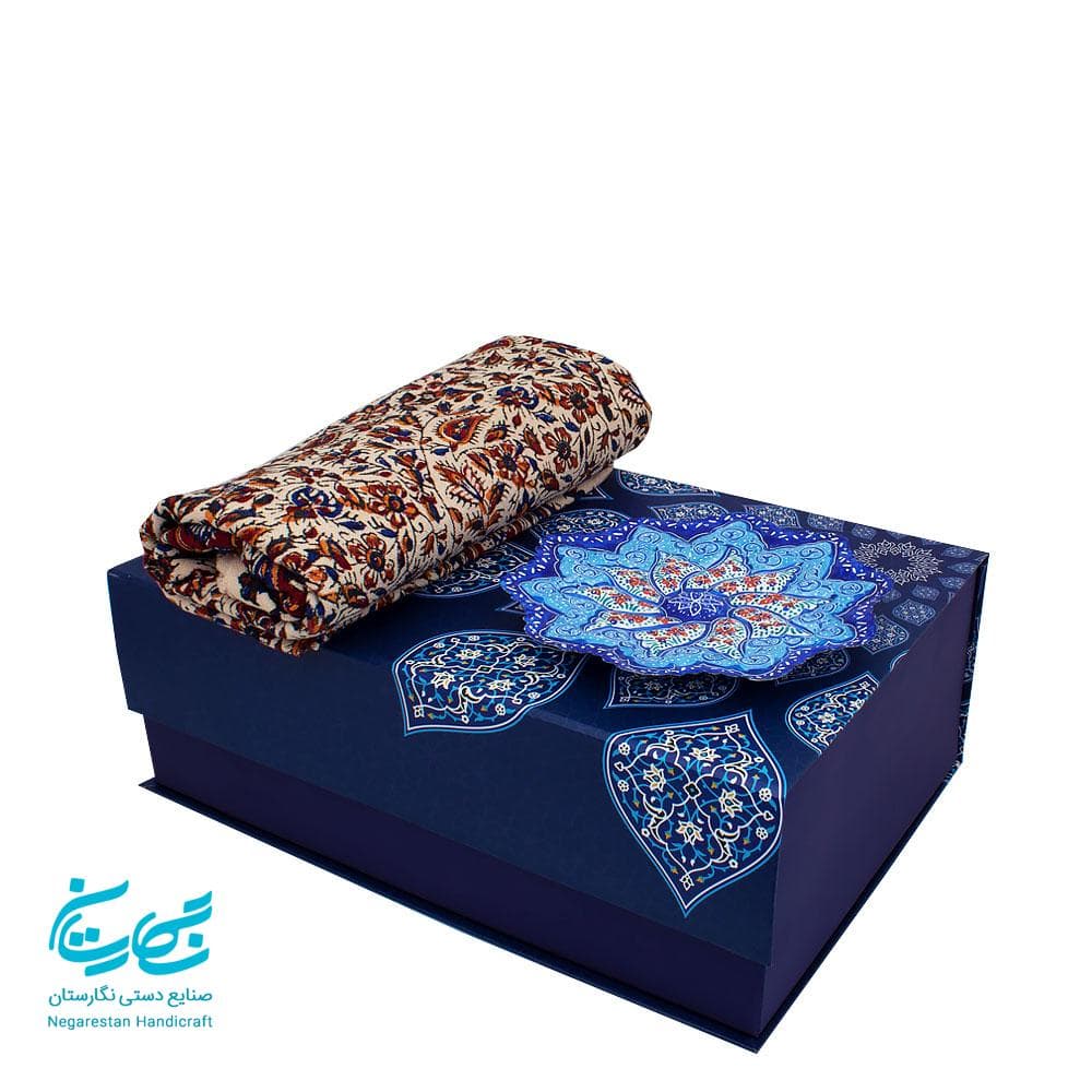 بشقاب میناکاری 16 و رومیزی قلمکار با جعبه هاردباکس