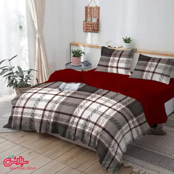 لحاف روتختی چهارخانه زرشکی کرم – کتان (325) — تصویر ۸
