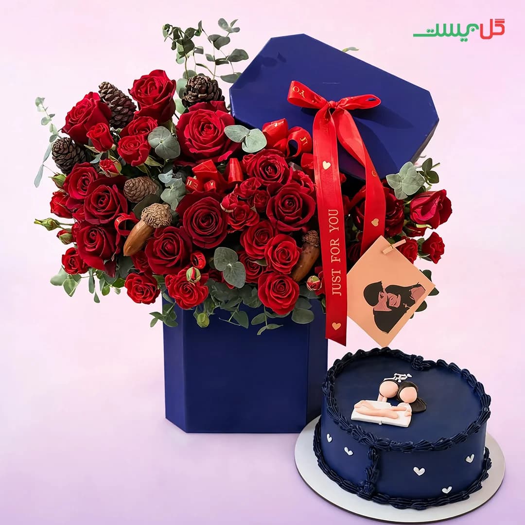 باکس گل دلبرین | رز قرمز و کیک | گل فروشی آنلاین گل بیست