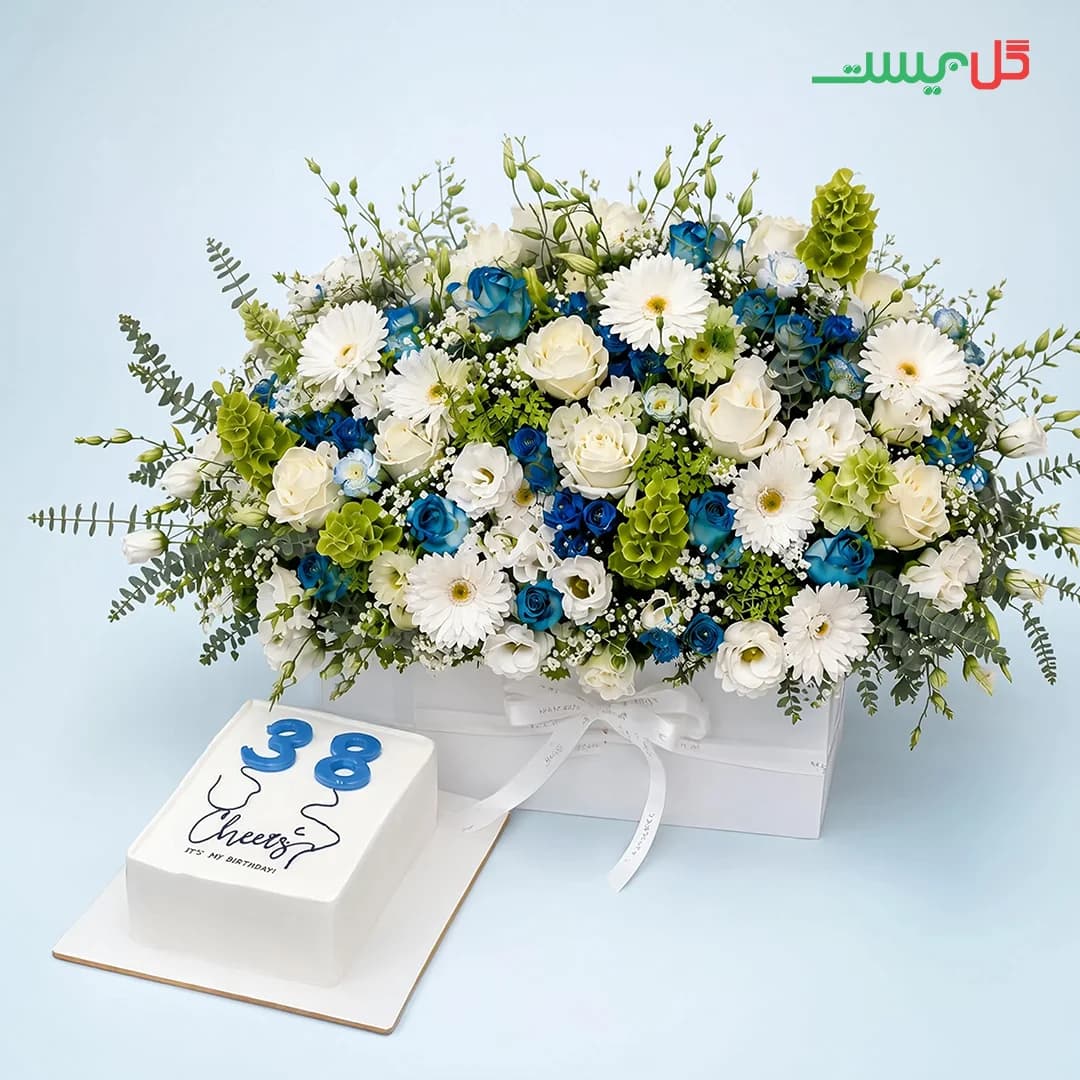 باکس گل سمیرا | سفید آبی و کیک | گل فروشی آنلاین گل بیست — تصویر ۲