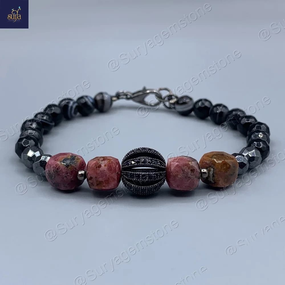 دستبند سنگ رودونیت اصل و عقیق سلیمانی ، زنانه Mangal Rodo