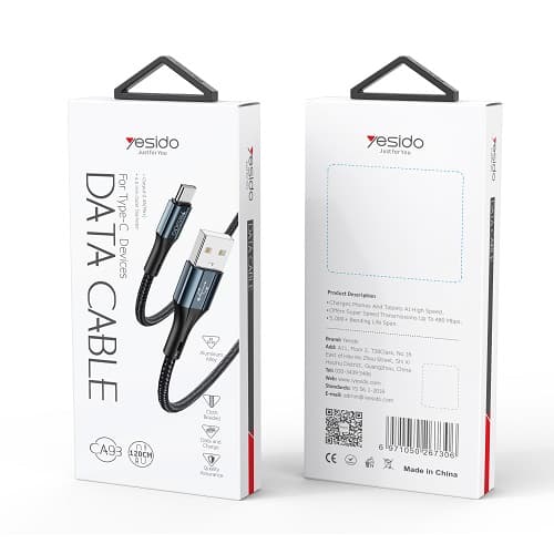 کابل تایپ سی فست شارژ YESIDO CA93 2.4A VOOC QC PD 1.2m — تصویر ۱۱