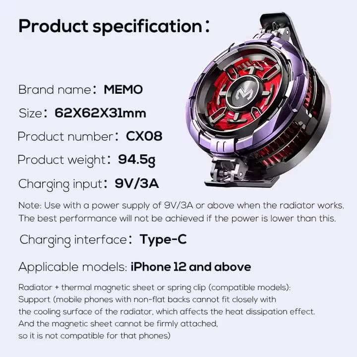 فن خنک کننده گوشی موبایل Memo CX08 Pro 23W رادیاتوری مگنتی گیره دار — تصویر ۷