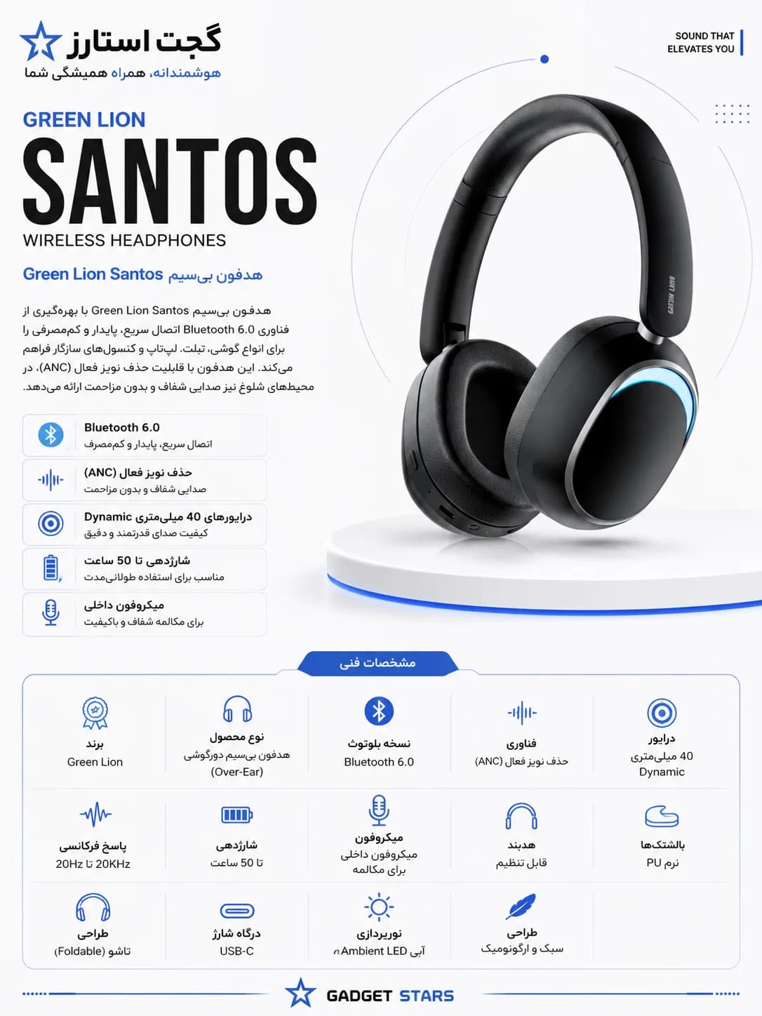 هدفون بیسیم گرین لاین Green Lion Santos Wireless Headphone ANC — تصویر ۳