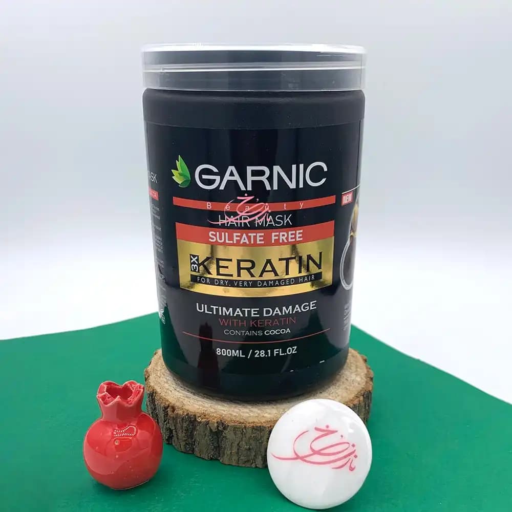 ماسک موی با آبکشی کراتینه گارنیک GARNIC مشکی حاوی روغن آرگان، کاکائو و بدون سولفات حجم 800 میلی لیتری