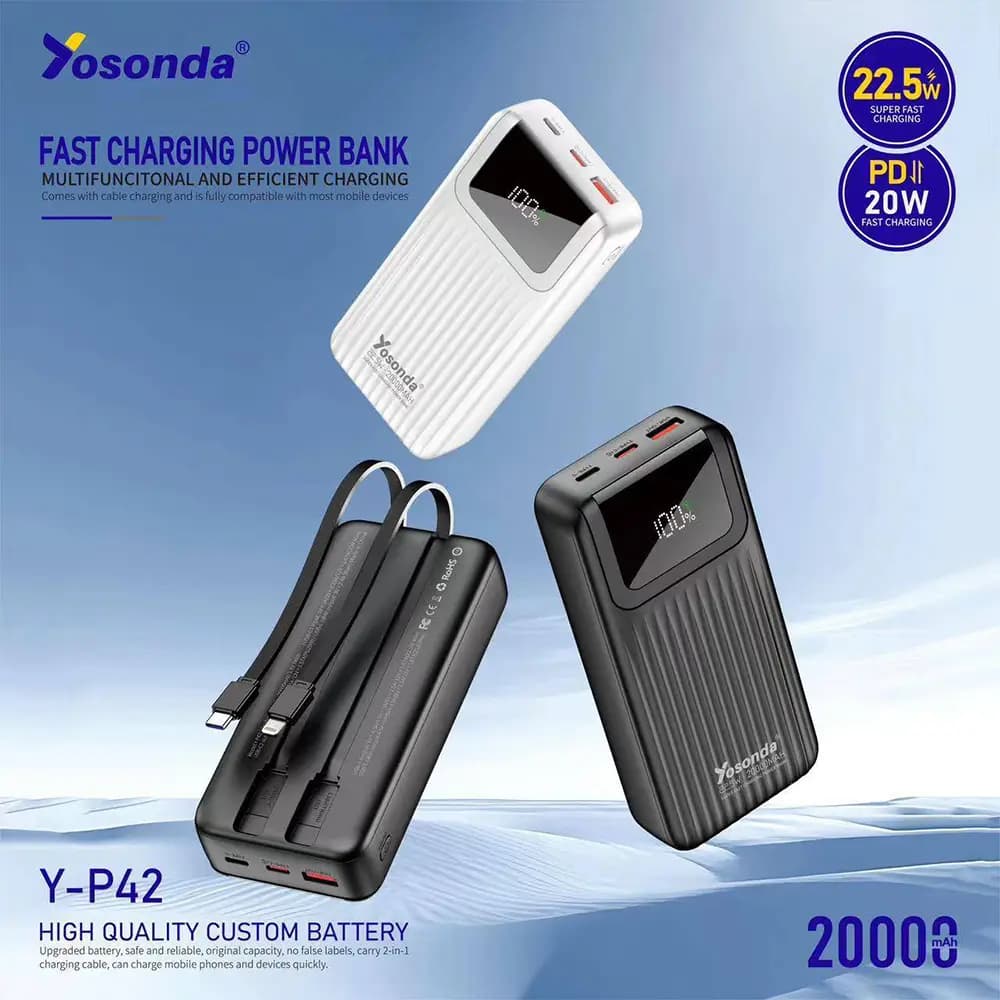 پاوربانک 20000 میلی آمپر یوسوندا مدل Yosonda Y-P42 کابل سرخود 22.5 واتی — تصویر ۶