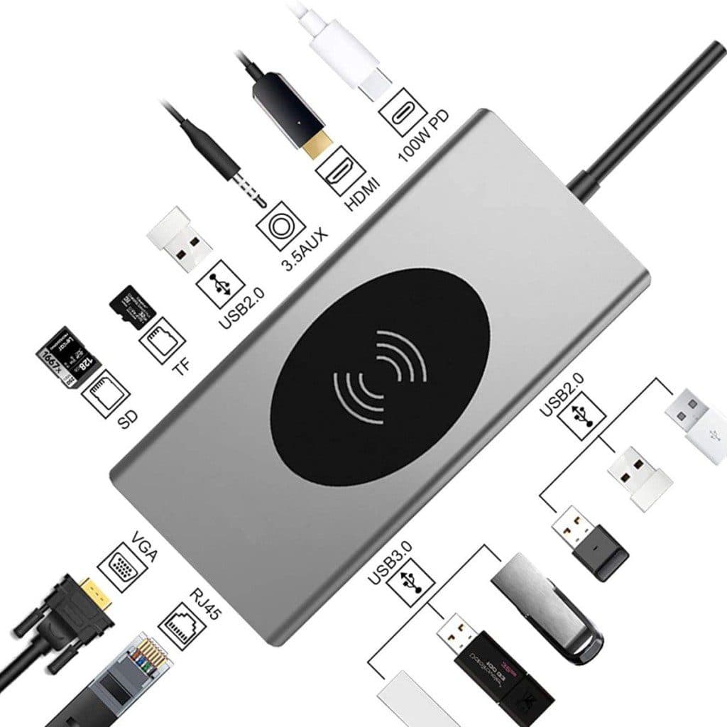 هاب 15 پورت و شارژر وایرلس با توان 10 وات و پورت شارژر سریع 100 وات مدل Brave 15 in 1 Multi Function USB-C Hub