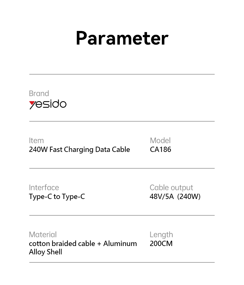 کابل دوسر تایپسی یسیدو YESIDO CA186 طول 2 متر 240W — تصویر ۵