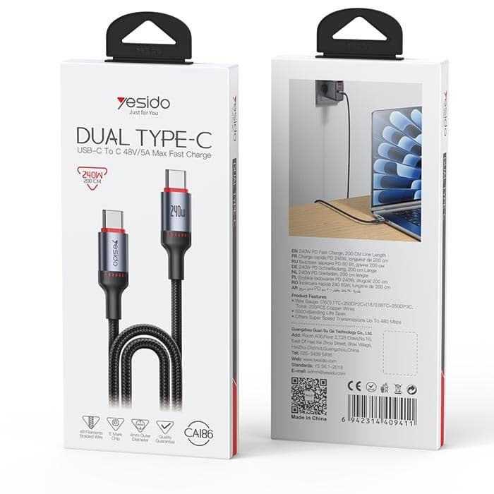 کابل دوسر تایپسی یسیدو YESIDO CA186 طول 2 متر 240W — تصویر ۷