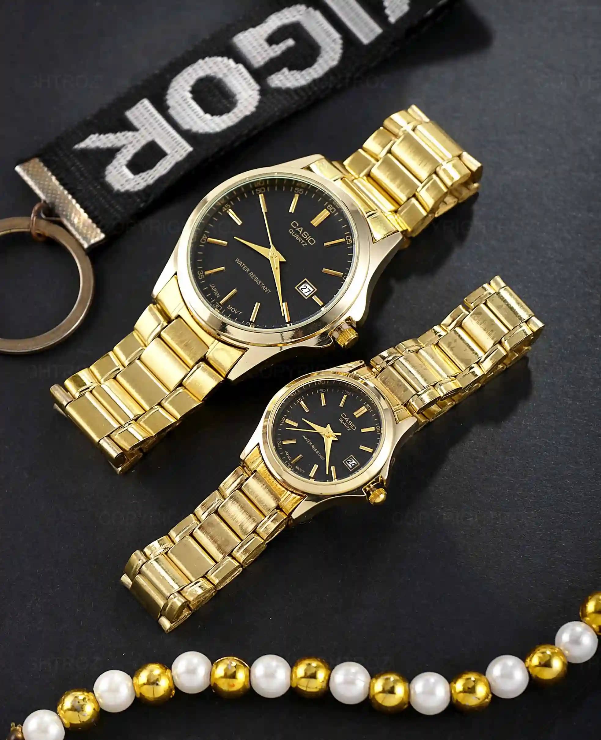 ست ساعت مچی مردانه و زنانه کاسیو CASIO طلایی مدل 1214 — تصویر ۱۲