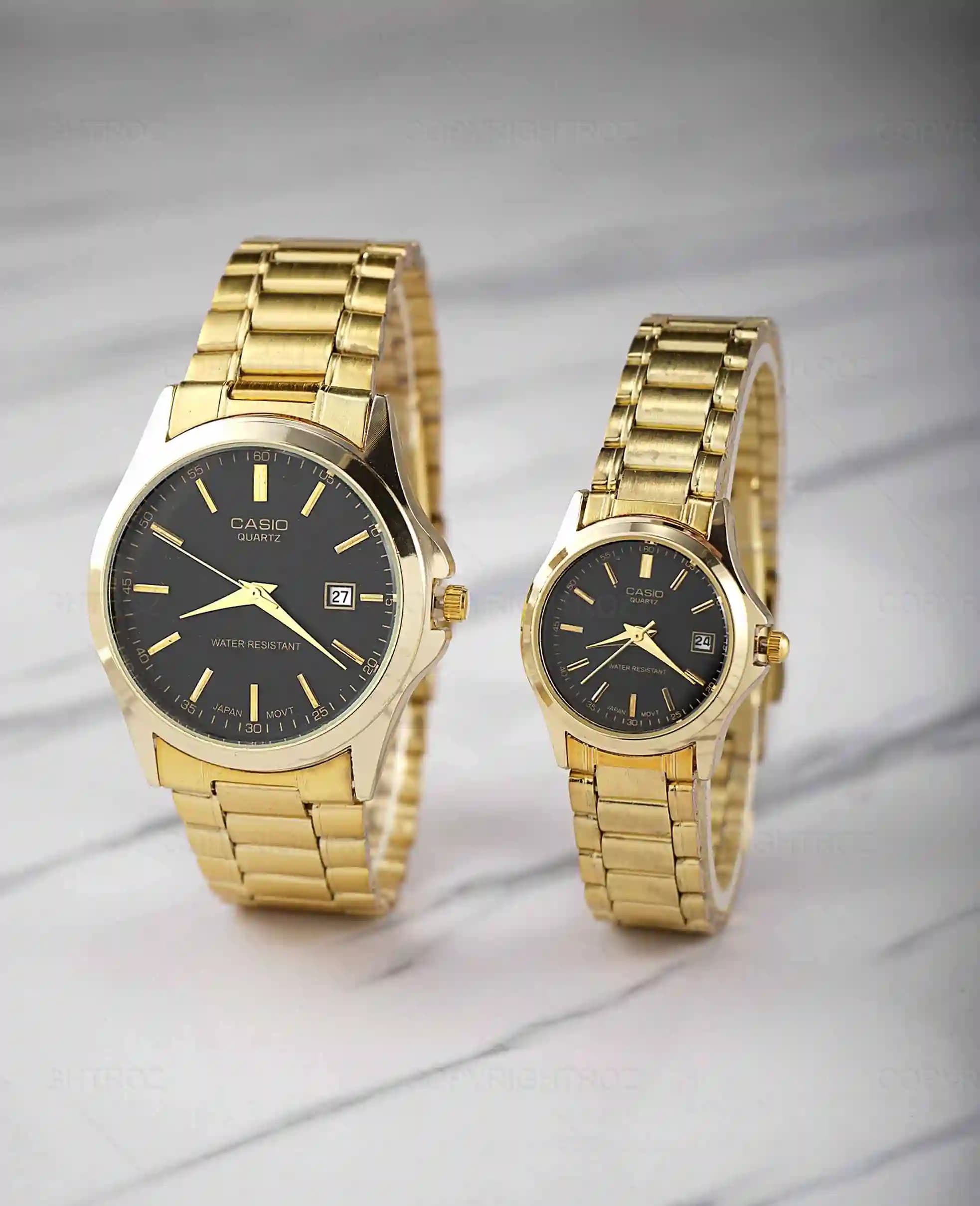 ست ساعت مچی مردانه و زنانه کاسیو CASIO طلایی مدل 1214 — تصویر ۷