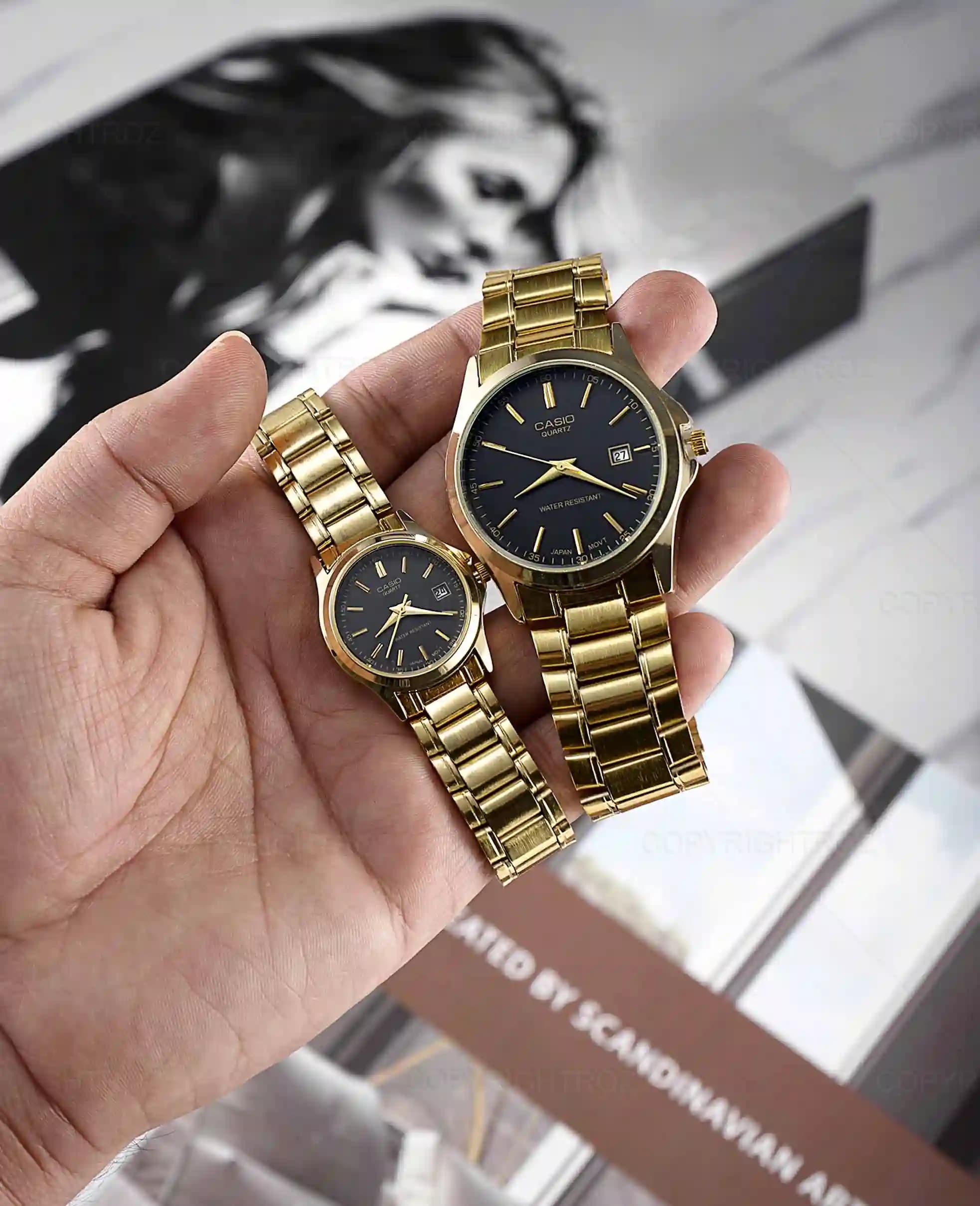 ست ساعت مچی مردانه و زنانه کاسیو CASIO طلایی مدل 1214 — تصویر ۶