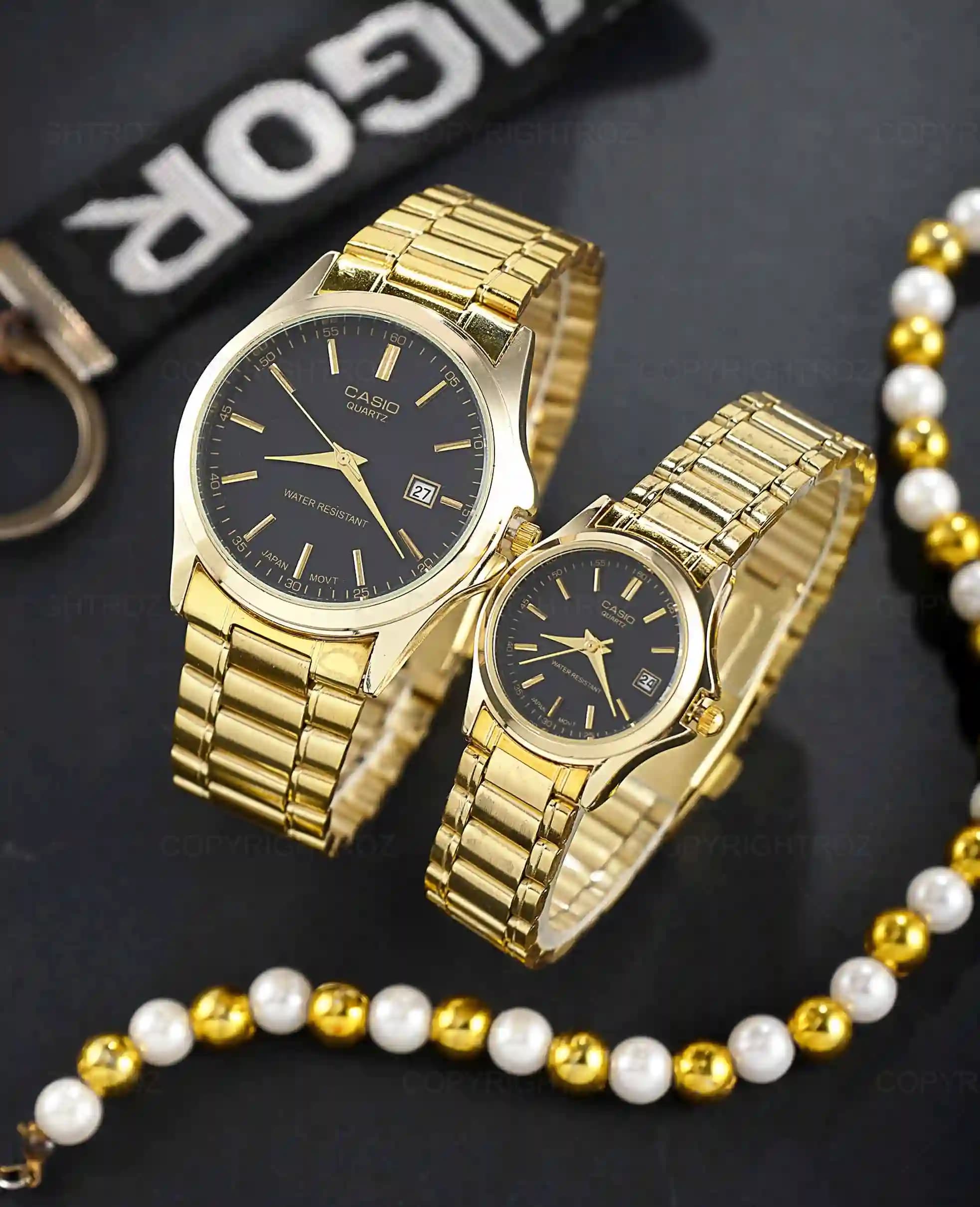 ست ساعت مچی مردانه و زنانه کاسیو CASIO طلایی مدل 1214 — تصویر ۳