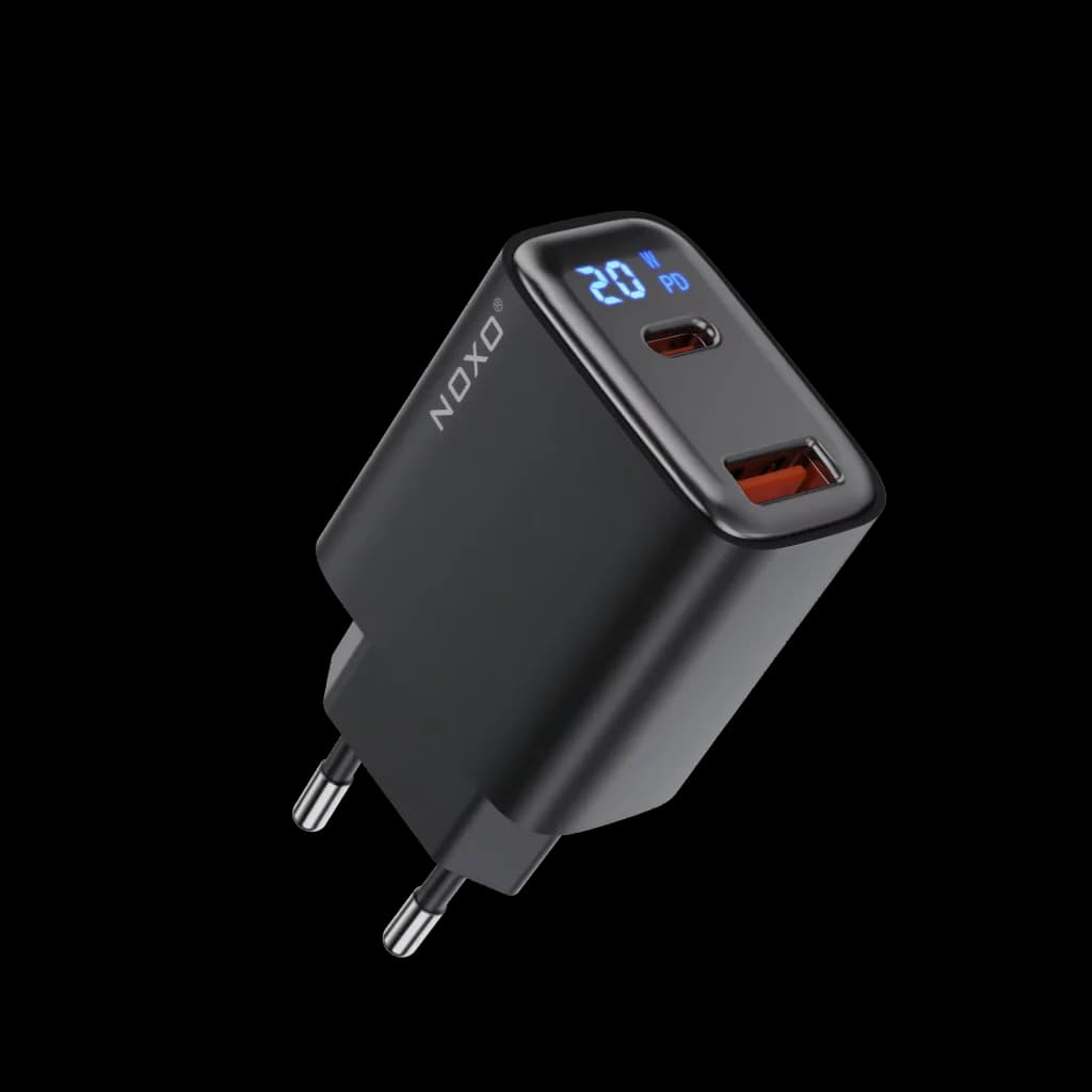 شارژر دیواری ۲۰ وات نوکسو مدل CHN-6 با ۲ پورت USB-A + USB-C، پشتیبانی PD و QC3.0 و نمایشگر دیجیتال (EU Pin)