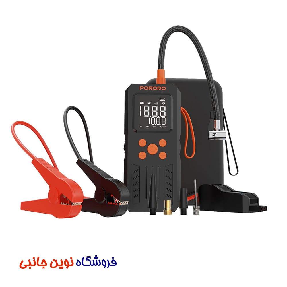 جامپ استارتر و پمپ باد پرودو مدل PD15KJSPBK ظرفیت 15200 میلیآمپر ا Porodo PD15KJSP 4-In-1Multi-Tool Inflator & Jump Starter (تک و عمده)