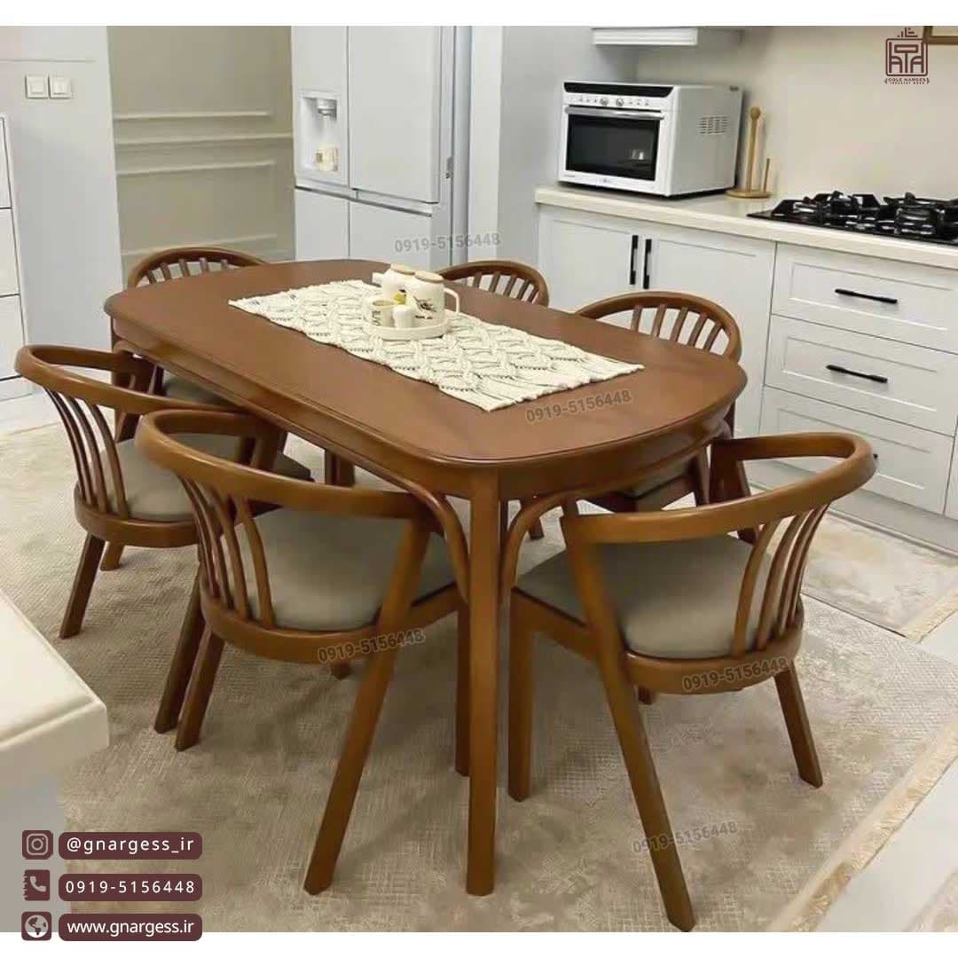 میز غذا خوری چوبی 6 نفره لهستانی با صندلی دسته دار راش سبدی