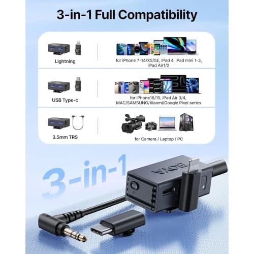میکروفون یقه ای بی سیم دوکاربره بویا مدل BOYALINK 3 01 رابط Type-C و Lightning و جک 3.5 میلی متری — تصویر ۱۱