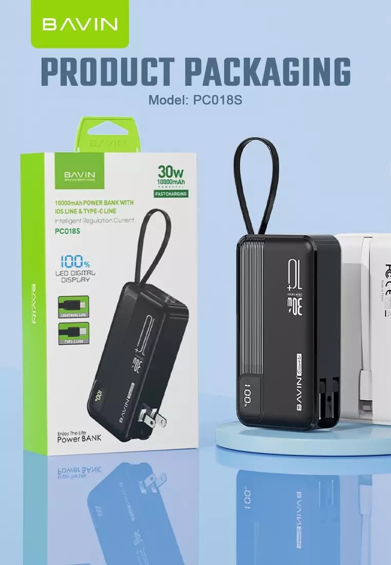 پاوربانک 10000 باوین Bavin PC018S توان 30 وات همراه با کابل و دو شاخه متصل — تصویر ۷