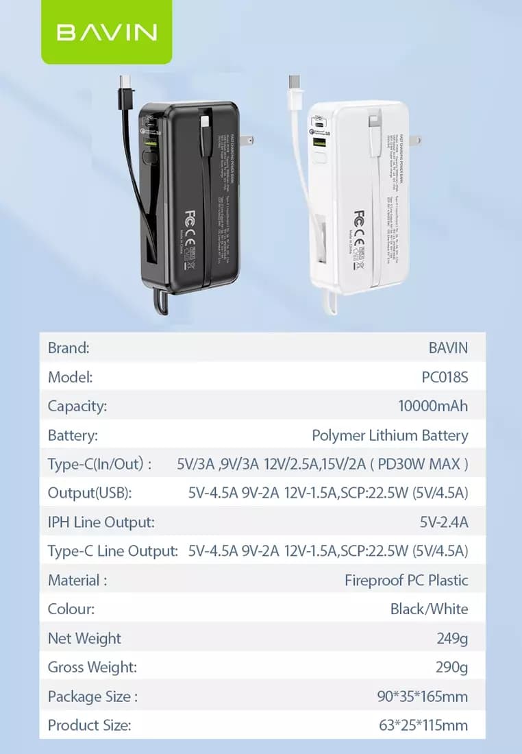 پاوربانک 10000 باوین Bavin PC018S توان 30 وات همراه با کابل و دو شاخه متصل — تصویر ۶