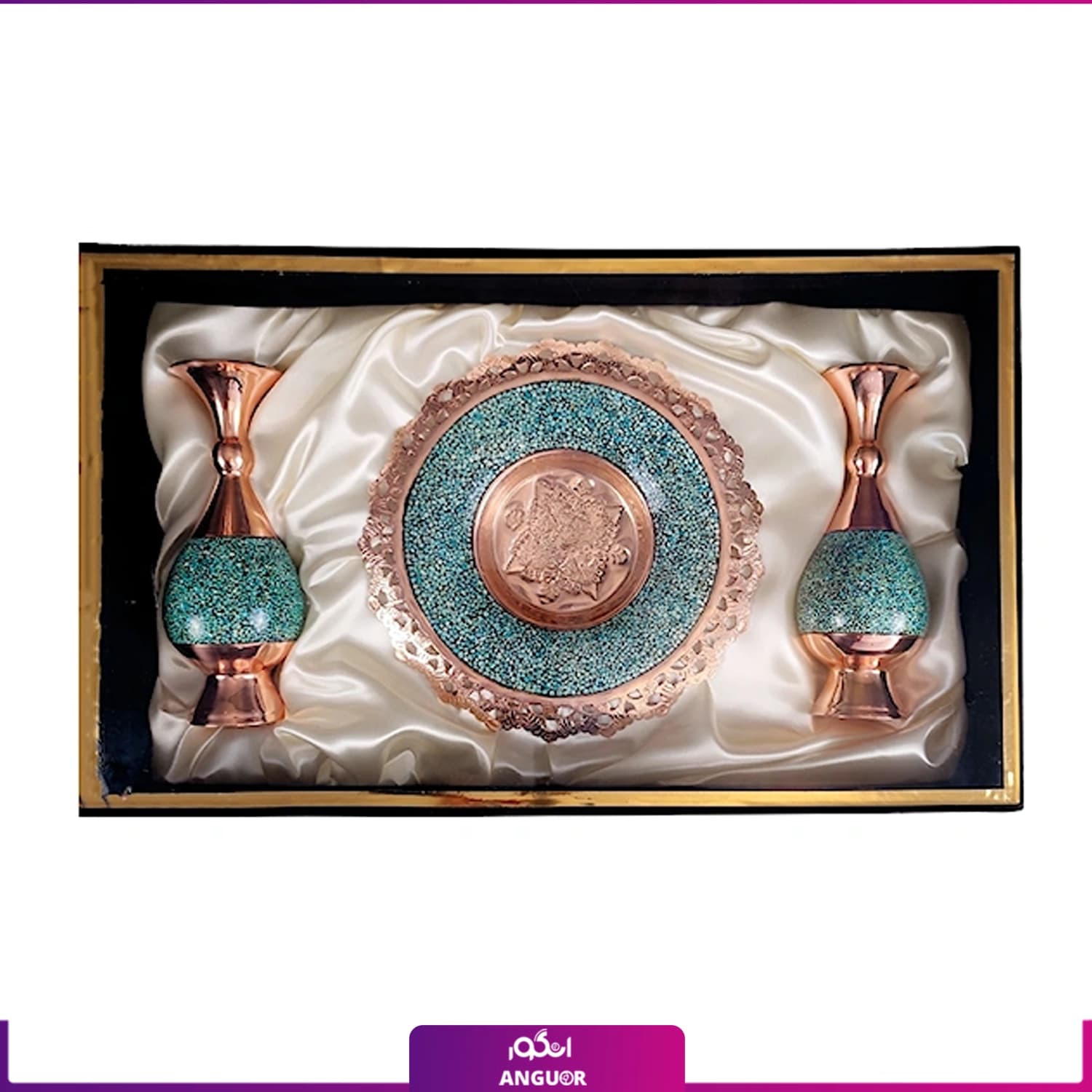 باکس هدیه جفت گلدان و بشقاب فیروزه کوبی