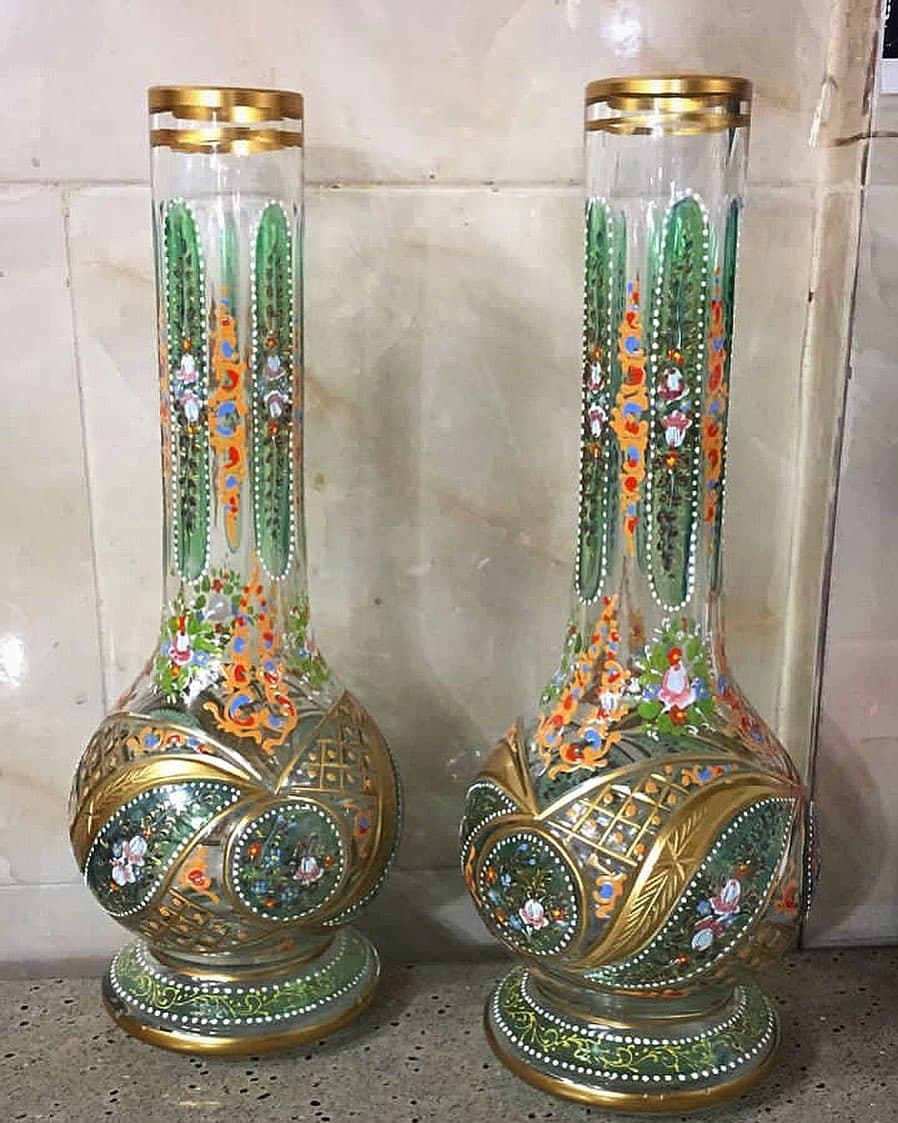 یک جفت صراحی سبز طرح قاجاری آنتیک