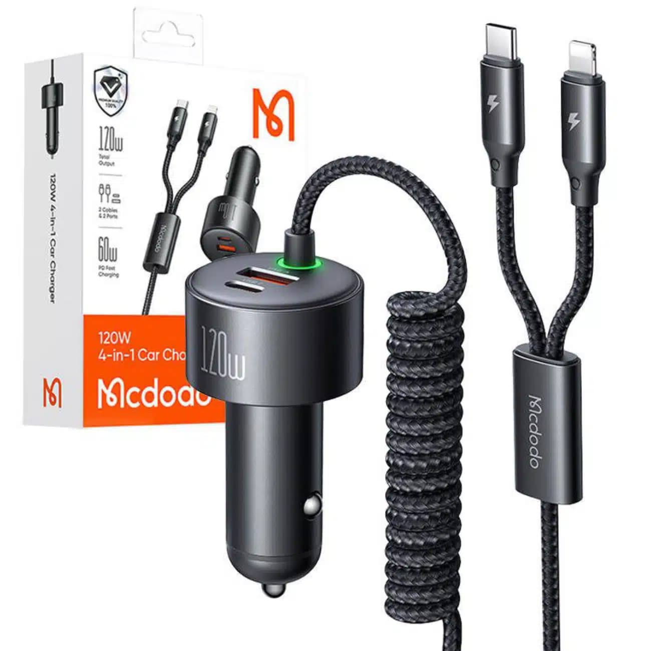 شارژر فندکی فست شارژ ماشین تایپ سی، لایتنینگ و یو اس بی 120 وات مک دودو CC-037 — تصویر ۱۲